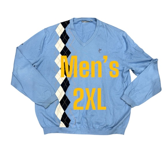 Ashworth Golf 2XL XXL V-Neck Sweater Argyle Light Blue White Black Diamond NWOT - Picture 2 of 7